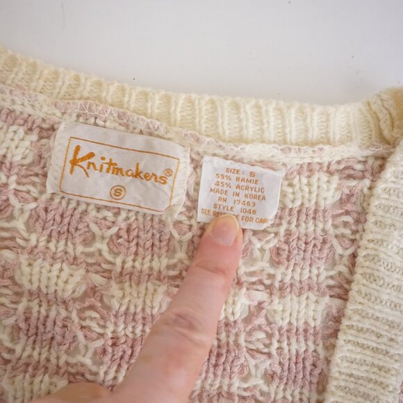 VTG Knitmakers Pink Cream Textured Knit Button Cardigan Cabincore Cottagecore S - Picture 11 of 11